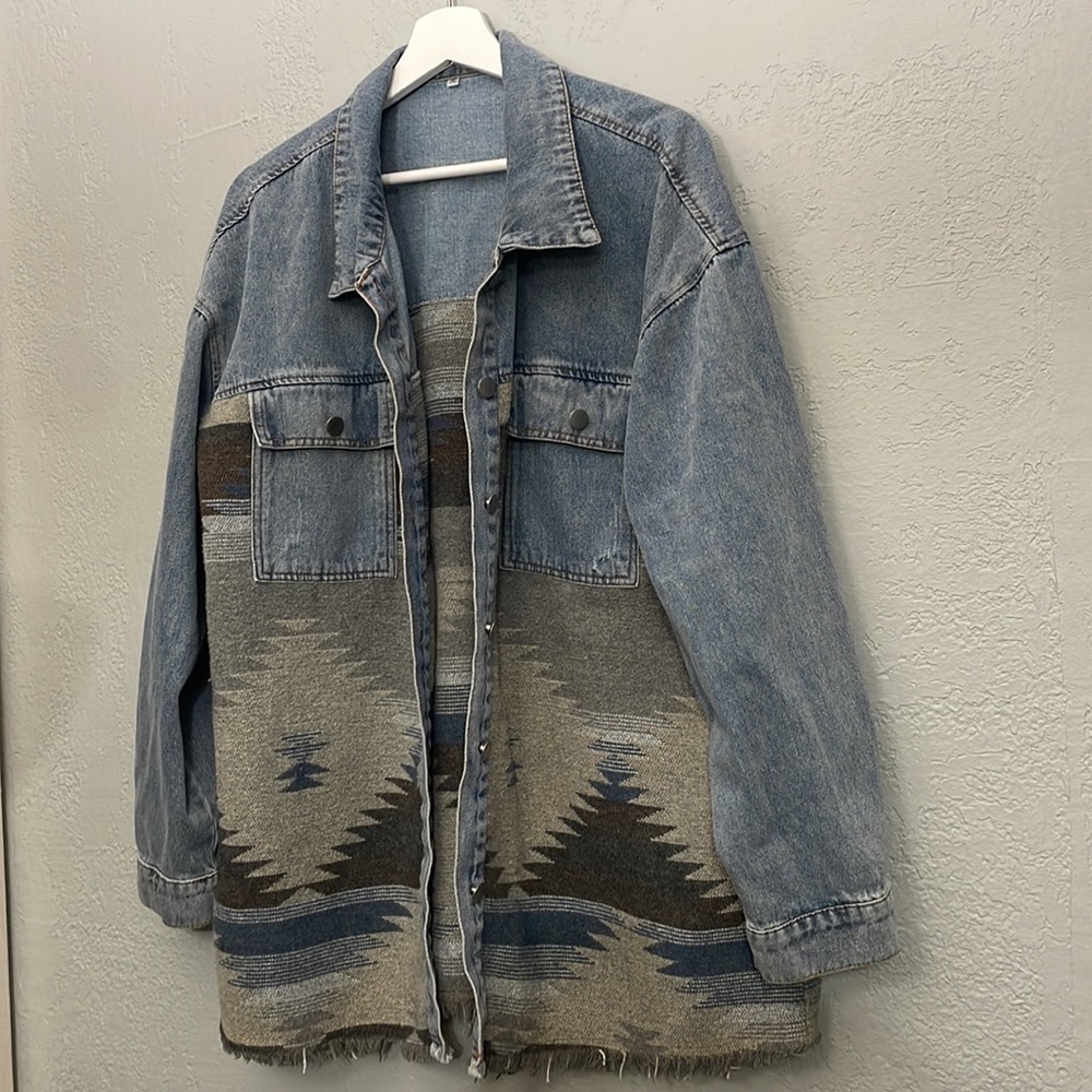 Aztec Design Distressed Denim Jacket - Picture 6 of 14